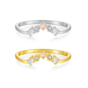 Elegant S925 sterling silver V-shaped stacking rings with opal and zircon in gold and silver