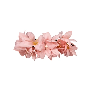 Elegant pink fabric flower hair clip with lily design and realistic water drop details