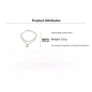 Detail showing dimensions of vintage gold layered necklace with rectangular pendant and pearls