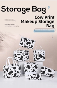 Macro view of cow print makeup bags set in various shapes for travel storage needs