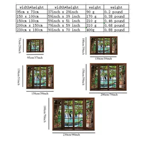 Size chart showing five dimensions and weights for forest landscape wall tapestries