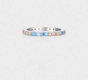 Close-up of S925 sterling silver eternity ring featuring multi-colored round cubic zirconia