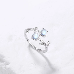 925 silver open ring with vine leaf design, moonstones and sparkling zircon accents