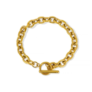 Detailed view of gold chain bracelet with toggle clasp on a white background
