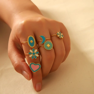 Open Ring Stainless Steel Gold Plated Enamel Adjustable Bohemian Heart Flower Star Moon Vintage Jewelry For Women