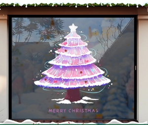 Detailed view of pink Christmas tree window sticker with Merry Christmas text on glass