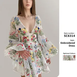 Damen Netz Besticktes Kleid V-Ausschnitt Laternenärmel Fee Blumen Mini Partykleid Elegant Weiß Polyester Sommer