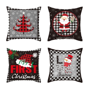 Detailed grid view of four Christmas pillow covers with festive plaid and holiday patterns