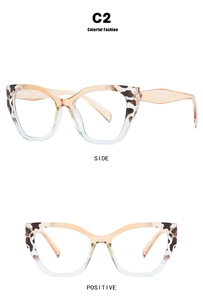 Detailed side and front views of cat-eye blue gradient leopard print optical frames