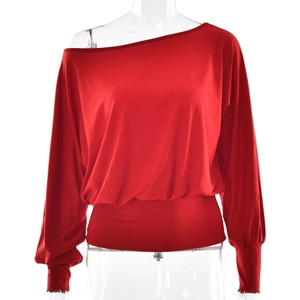 Slim fit red off-shoulder long sleeve top with batwing sleeves and cinched waist for women