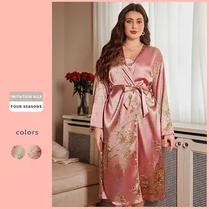 Damen Übergröße Satin Blumenmuster Bademantel Und Nachthemd Loungewear V-Ausschnitt Schlafanzug Oben Und Unten