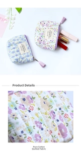Close-up of pure cotton quilted floral coin pouch with tassel zipper detail
