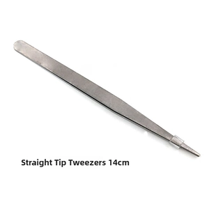 Detailed view of a 14cm straight tip tweezers made of durable stainless steel for DIY crafts