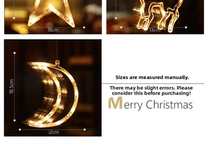 Detailed size view of LED Christmas hanging lights in star, deer, and moon shapes