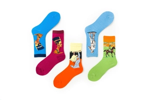 Detail of five pairs of oil painting socks with artistic prints like Nefertiti and David