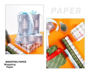 Detailed view of Christmas wrapping paper rolls with festive tree and plaid patterns
