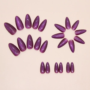 Detail view of 24 pieces purple cat-eye press on nails with almond shape design