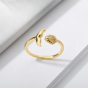 Whale Tail And Shell Open Adjustable Rings For Women Men Ocean Theme Copper Gold Plated Beach Style Minimalist Jewelry