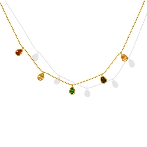 18K gold plated bead chain necklace with five colorful pear-cut zircon stone pendants