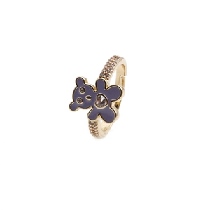 Detail of gold-plated open ring with purple bear and heart-shaped zircon stone