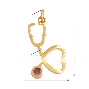 Detailed size specifications of a gold stethoscope charm with a pink gemstone inlay