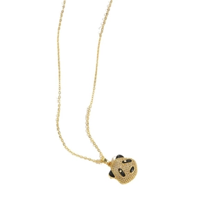 Elegant gold necklace with a hollow bear pendant adorned with sparkling zircons and pearls