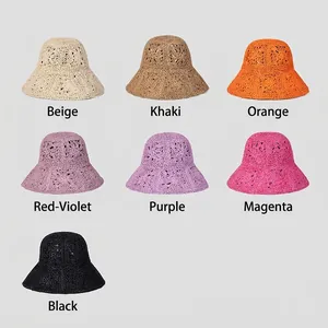 Handmade crochet straw sun hats in seven colors with wide brims and hollow floral patterns