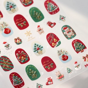 3D embossed Christmas nail art stickers with festive trees, snowmen and gingerbread patterns