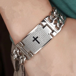 Men's Stainless Steel Curb Chain Bracelet With Spanish Lord's Prayer Cross ID Plate Punk Style Religious Jewelry