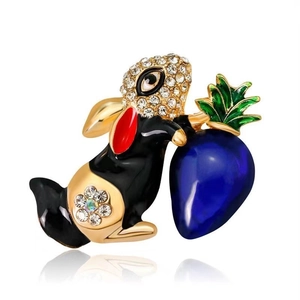 Cute cartoon black enamel rabbit brooch with blue vegetable and sparkling rhinestones