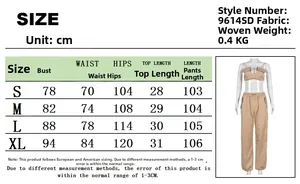 Size chart for woven two-piece set including bust, waist, and length measurements