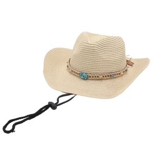 Detail of light beige cowboy straw hat featuring turquoise bead band and adjustable chin cord