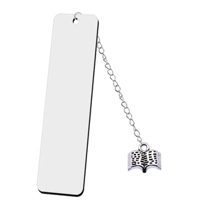 Detailed view of silver stainless steel rectangular bookmark with elegant book charm