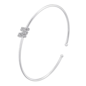 Detailed view of silver open cuff bracelet featuring a micro-pave zircon letter M
