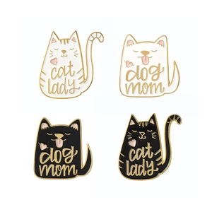 Set of 4 cartoon cat and dog enamel pins with gold trim and Cat Lady Dog Mom text