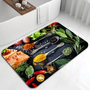 Detailed view of non-slip bath mat featuring vibrant spices and cooking ingredients pattern