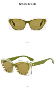 Detail view of square color-block sunglasses in green from front and side perspectives