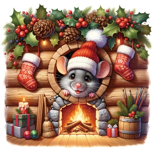 Christmas mouse wall sticker with Santa hat and cozy fireplace forest decorations
