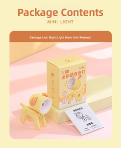 Mini yellow LED pet night light set including foldable device, retail box, and manual