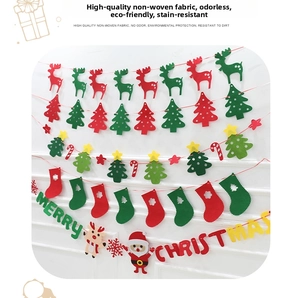 Close-up of Merry Christmas non-woven banners featuring reindeer, trees and star patterns