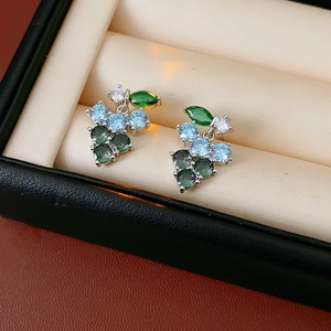 Detailed close-up of grape-shaped stud earrings with colorful zircons in a jewelry box