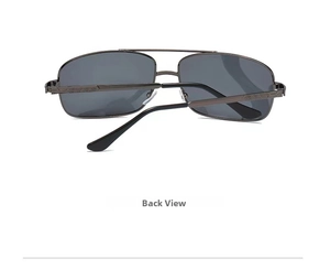 Detail view of the dark grey metal frame and textured temples on men's polarized sunglasses
