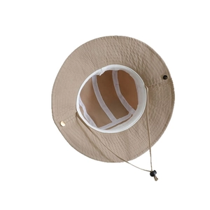 Khaki kids sun hat with wide brim and adjustable chin strap for outdoor hiking