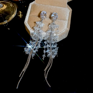 Macro detail of silver tassel earrings with zircon crystals on a velvet jewelry box