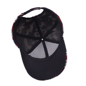 Internal view of camouflage baseball cap with six-panel structure and reinforced top