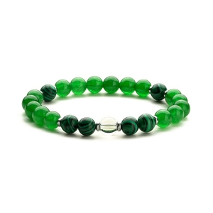 Malachite and green agate beaded stretch bracelet with metallic accents on white background