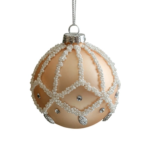Champagne Christmas ball ornament with white bead grid and sparkling rhinestones