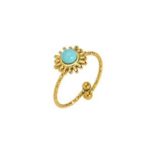 Detail of 18K gold plated sunflower ring with turquoise bead and beaded band texture