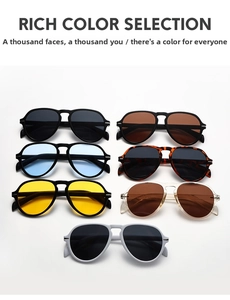Detailed collection of pilot sunglasses in seven colors featuring double-bridge metal frames