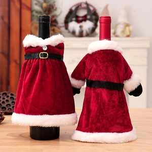 Red velvet Christmas wine bottle covers in dress and coat styles with white plush trim